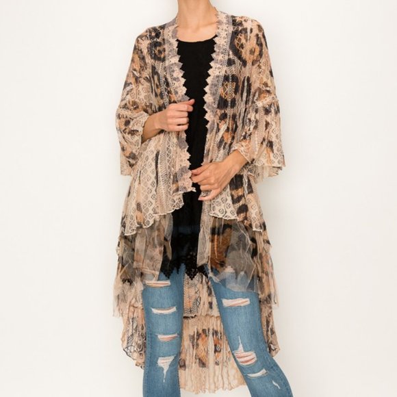 new ORIGAMI ANIMAL PRINT leopard ALL LACE CARDIGAN KIMONO western boho SM-4X - Picture 1 of 9